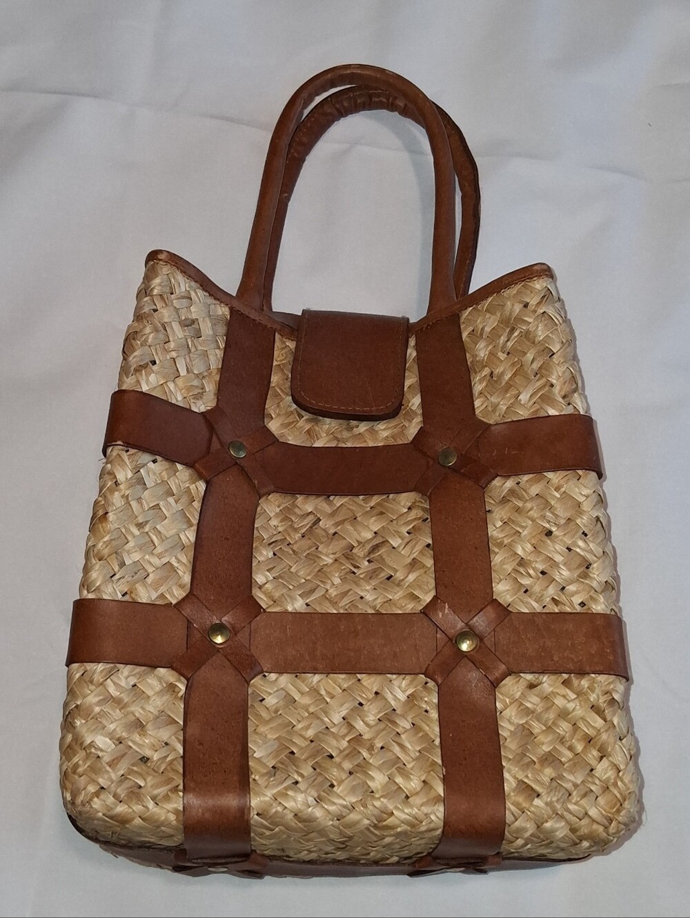 Hangbag From Philippines, Vintage, Woven Straw Tote with Brown Leather Trim